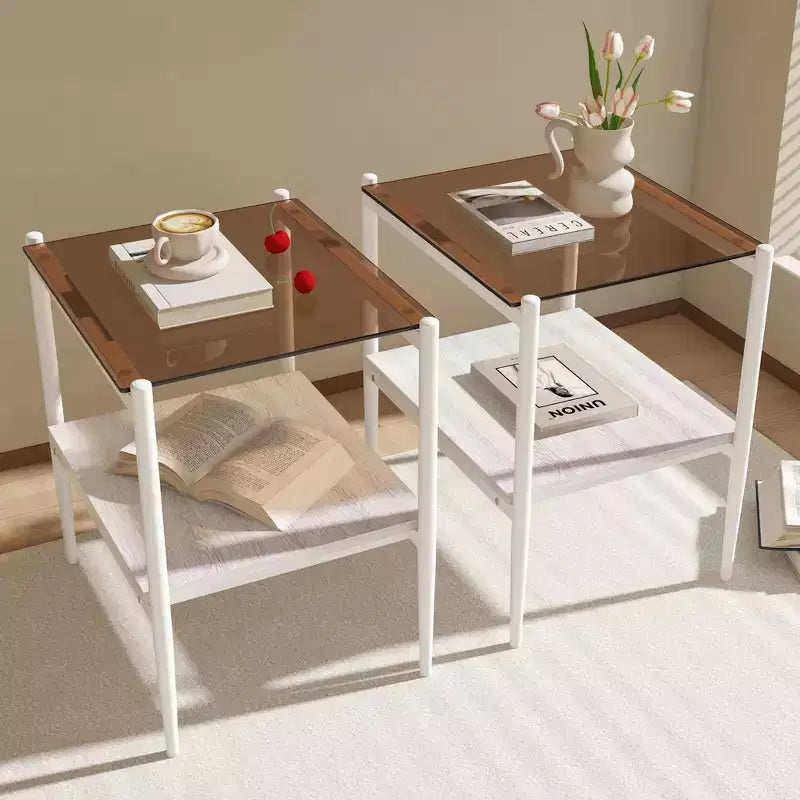 Set di 2 tavolini rettangolari, piano in vetro temperato con strato in MDF, vetro marrone