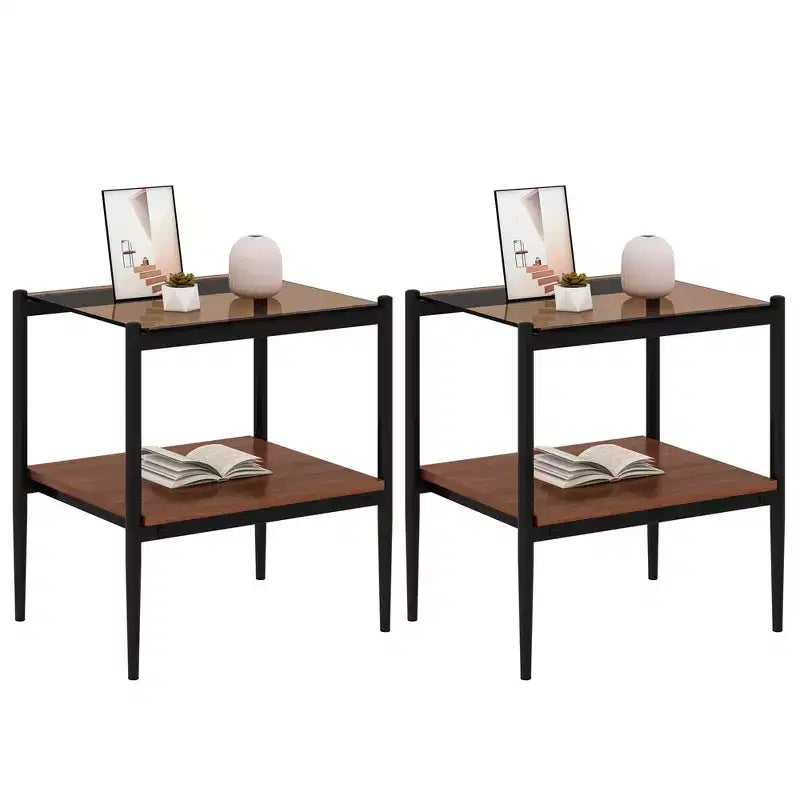 Set di 2 tavolini rettangolari, piano in vetro temperato con strato in MDF, vetro marrone