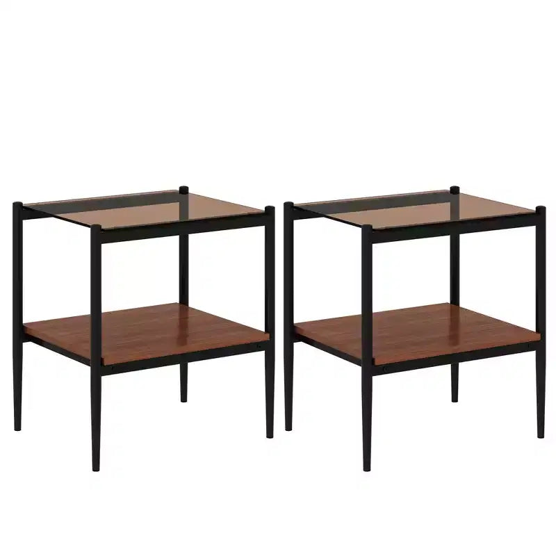 Set di 2 tavolini rettangolari, piano in vetro temperato con strato in MDF, vetro marrone