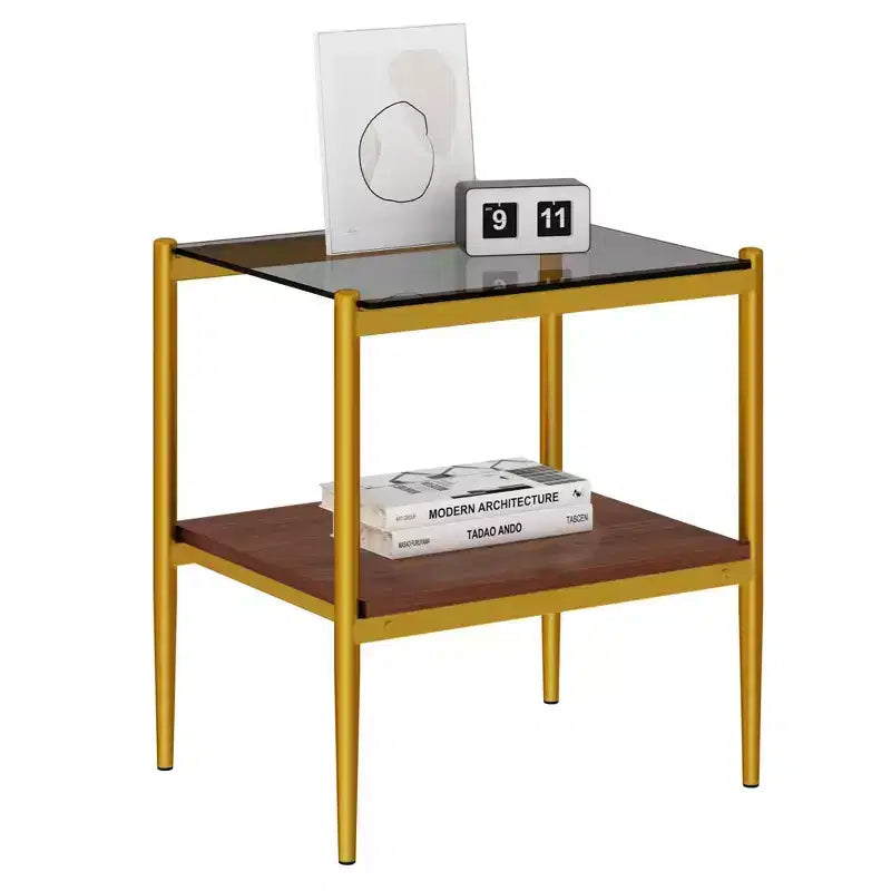 Set di 2 tavolini rettangolari, piano in vetro temperato con strato in MDF, vetro marrone