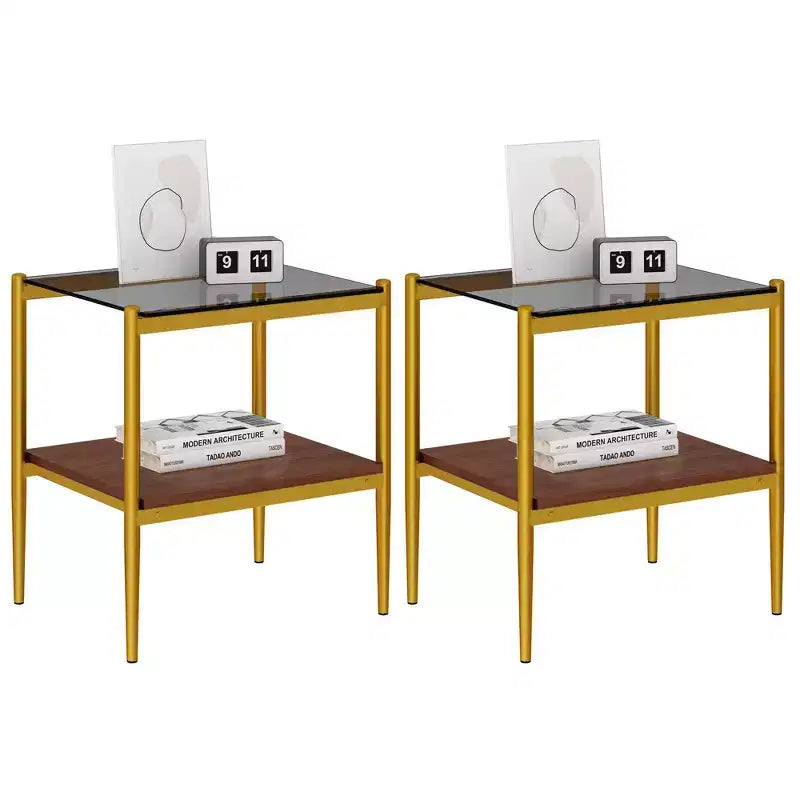 Set di 2 tavolini rettangolari, piano in vetro temperato con strato in MDF, vetro marrone