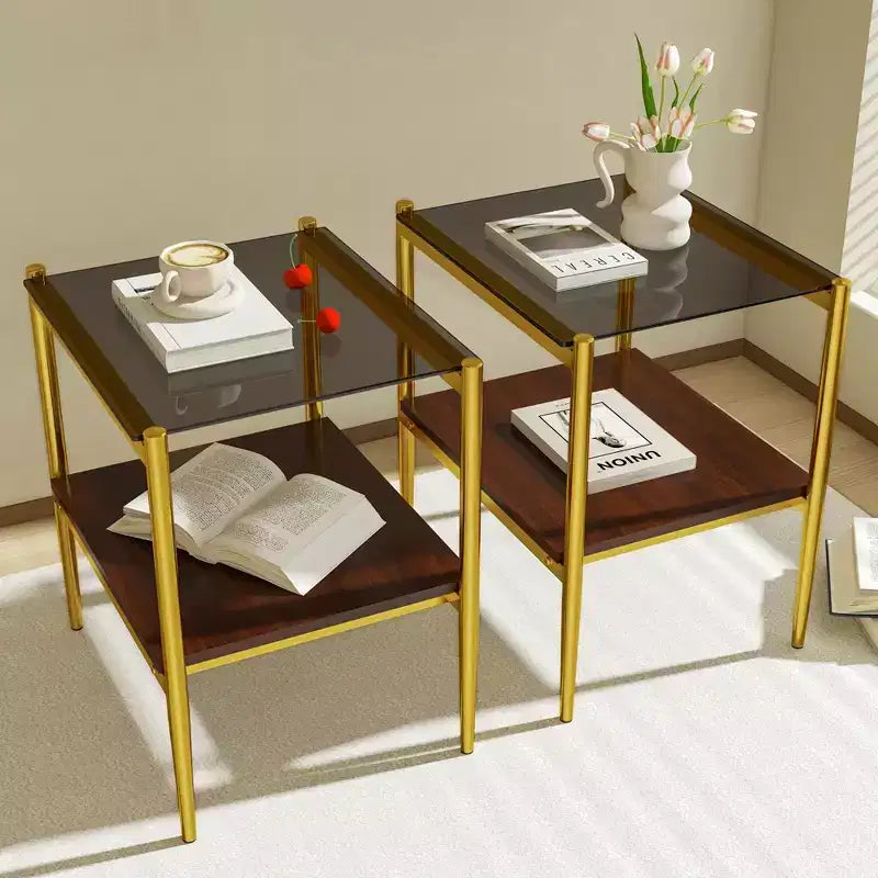 Set di 2 tavolini rettangolari, piano in vetro temperato con strato in MDF, vetro marrone