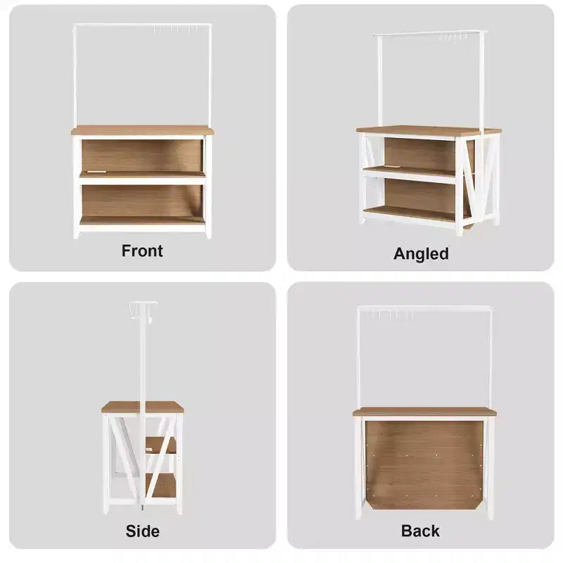 Isola Cucina in Legno, Scaffale da Forno con Contenitore, Grande Tavolo da Cucina con Supporto Microonde a 3 Livelli, Ripiano per Forno, 6 Ganci
