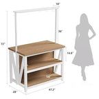 Isola Cucina in Legno, Scaffale da Forno con Contenitore, Grande Tavolo da Cucina con Supporto Microonde a 3 Livelli, Ripiano per Forno, 6 Ganci