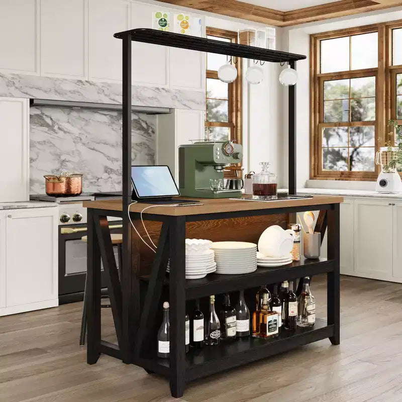 Isola Cucina in Legno, Scaffale da Forno con Contenitore, Grande Tavolo da Cucina con Supporto Microonde a 3 Livelli, Ripiano per Forno, 6 Ganci