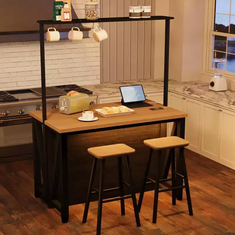 Isola Cucina in Legno, Scaffale da Forno con Contenitore, Grande Tavolo da Cucina con Supporto Microonde a 3 Livelli, Ripiano per Forno, 6 Ganci