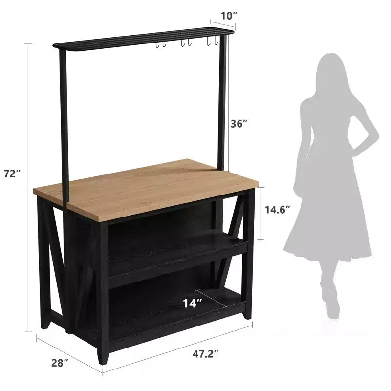 Isola Cucina in Legno, Scaffale da Forno con Contenitore, Grande Tavolo da Cucina con Supporto Microonde a 3 Livelli, Ripiano per Forno, 6 Ganci