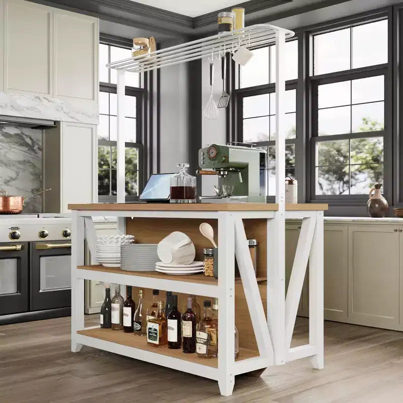 Isola Cucina in Legno, Scaffale da Forno con Contenitore, Grande Tavolo da Cucina con Supporto Microonde a 3 Livelli, Ripiano per Forno, 6 Ganci