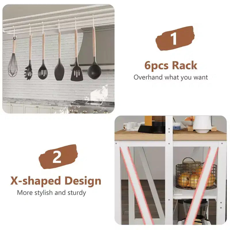 Isola Cucina in Legno, Scaffale da Forno con Contenitore, Grande Tavolo da Cucina con Supporto Microonde a 3 Livelli, Ripiano per Forno, 6 Ganci