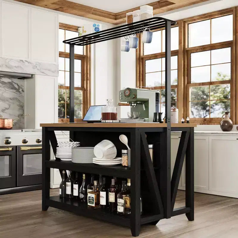 Wooden Kitchen Island, Bakers Rack with Storage, Large Kitchen Island Table with 3 Tier Microwave Stand Oven Shelf, 6 Hooks