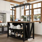 Wooden Kitchen Island, Bakers Rack with Storage, Large Kitchen Island Table with 3 Tier Microwave Stand Oven Shelf, 6 Hooks
