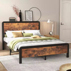 Bed Frame with Wood Headboard, Metal Platform Frame with Rounded Corner, 12 Storage Space Under