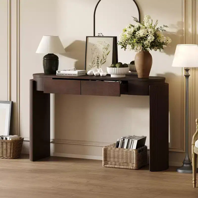 Consolle MAYEERTY con Finitura a Grana di Legno Naturale, Design Canettato, Piano Ovale e 2 Cassetti per Ingresso e Soggiorno, Espresso