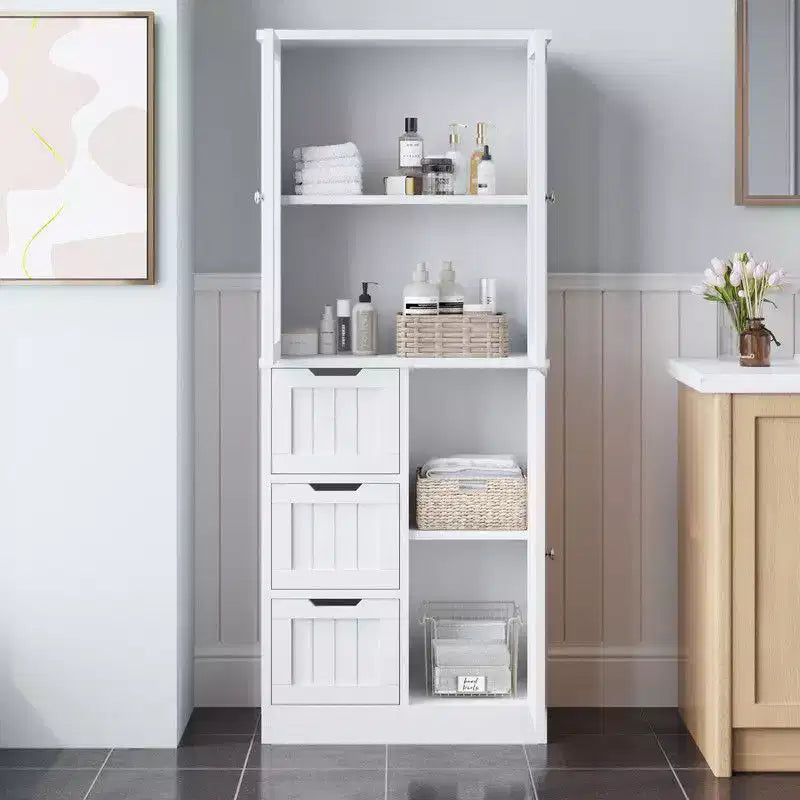 Mobile bagno Karl 147 cm H, 3 ante, 3 cassetti, 4 ripiani con verticali, stile moderno
