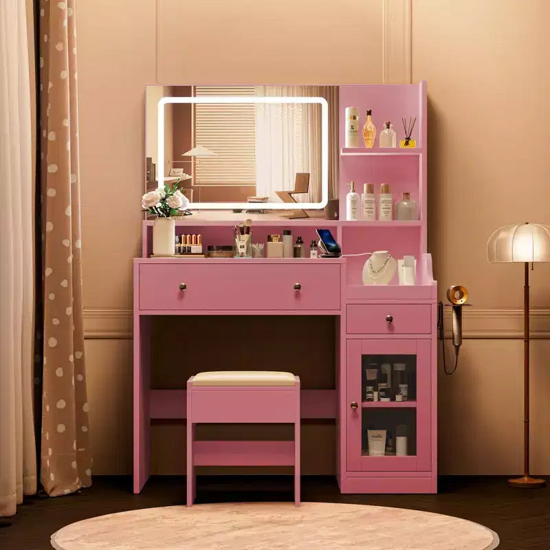 HYLEORY Toeletta con Specchio, Presa di Corrente, Porta Asciugacapelli, Tavolo da Trucco con 2 Cassetti, 3 Modalità di Colore Disponibili per la Camera da Letto