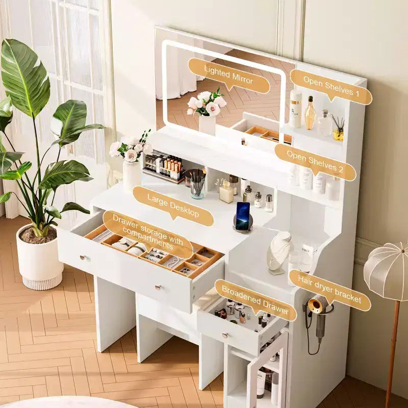 HYLEORY Toeletta con Specchio, Presa di Corrente, Porta Asciugacapelli, Tavolo da Trucco con 2 Cassetti, 3 Modalità di Colore Disponibili per la Camera da Letto