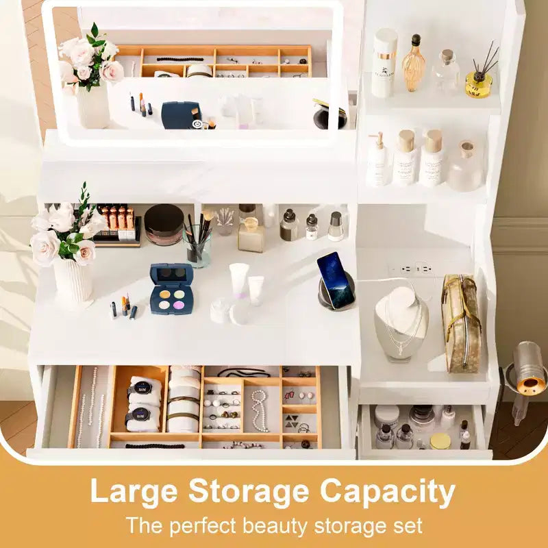 HYLEORY Toeletta con Specchio, Presa di Corrente, Porta Asciugacapelli, Tavolo da Trucco con 2 Cassetti, 3 Modalità di Colore Disponibili per la Camera da Letto