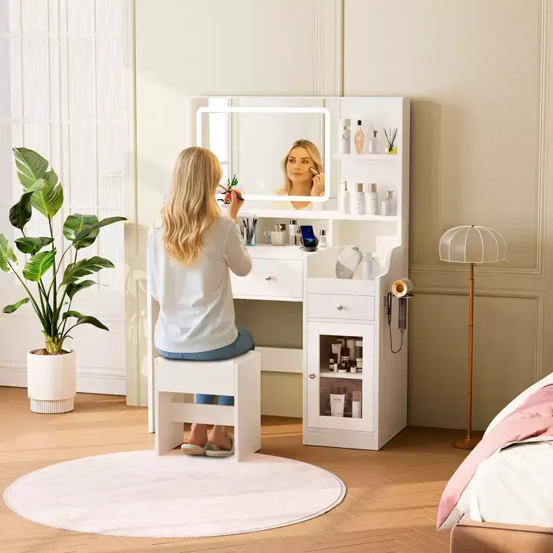 HYLEORY Toeletta con Specchio, Presa di Corrente, Porta Asciugacapelli, Tavolo da Trucco con 2 Cassetti, 3 Modalità di Colore Disponibili per la Camera da Letto
