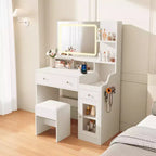 HYLEORY Toeletta con Specchio, Presa di Corrente, Porta Asciugacapelli, Tavolo da Trucco con 2 Cassetti, 3 Modalità di Colore Disponibili per la Camera da Letto