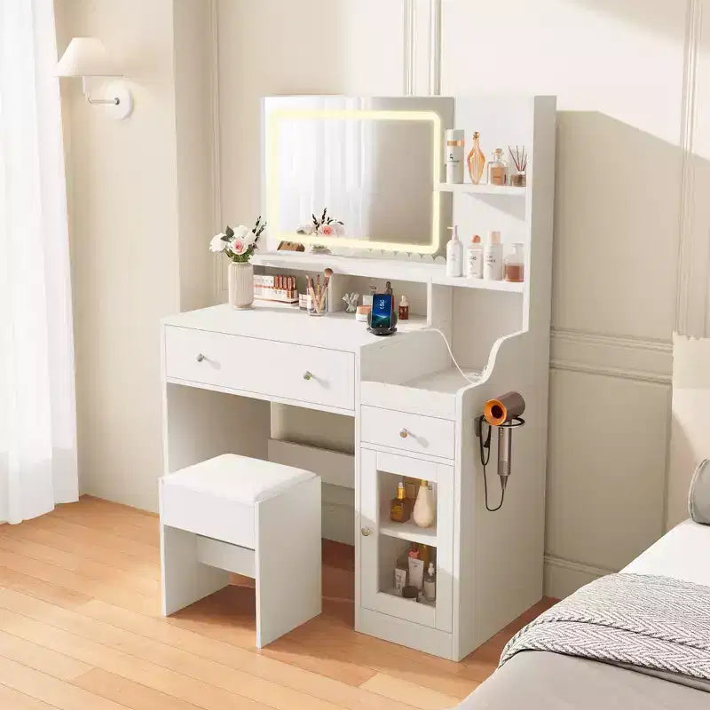 HYLEORY Toeletta con Specchio, Presa di Corrente, Porta Asciugacapelli, Tavolo da Trucco con 2 Cassetti, 3 Modalità di Colore Disponibili per la Camera da Letto