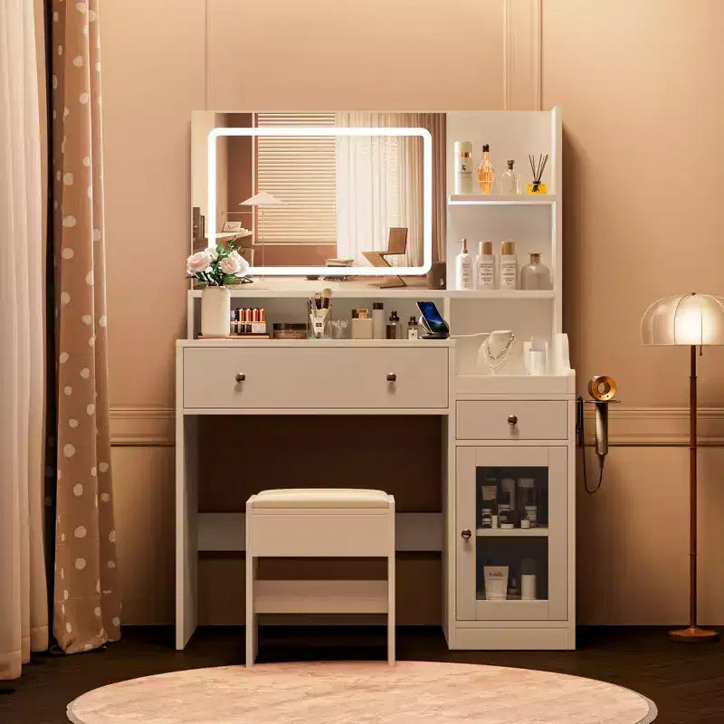 HYLEORY Toeletta con Specchio, Presa di Corrente, Porta Asciugacapelli, Tavolo da Trucco con 2 Cassetti, 3 Modalità di Colore Disponibili per la Camera da Letto