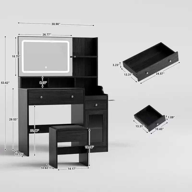 HYLEORY Toeletta con Specchio, Presa di Corrente, Porta Asciugacapelli, Tavolo da Trucco con 2 Cassetti, 3 Modalità di Colore Disponibili per la Camera da Letto