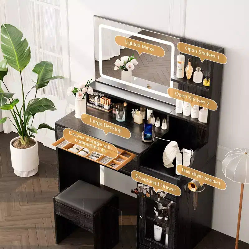 HYLEORY Toeletta con Specchio, Presa di Corrente, Porta Asciugacapelli, Tavolo da Trucco con 2 Cassetti, 3 Modalità di Colore Disponibili per la Camera da Letto