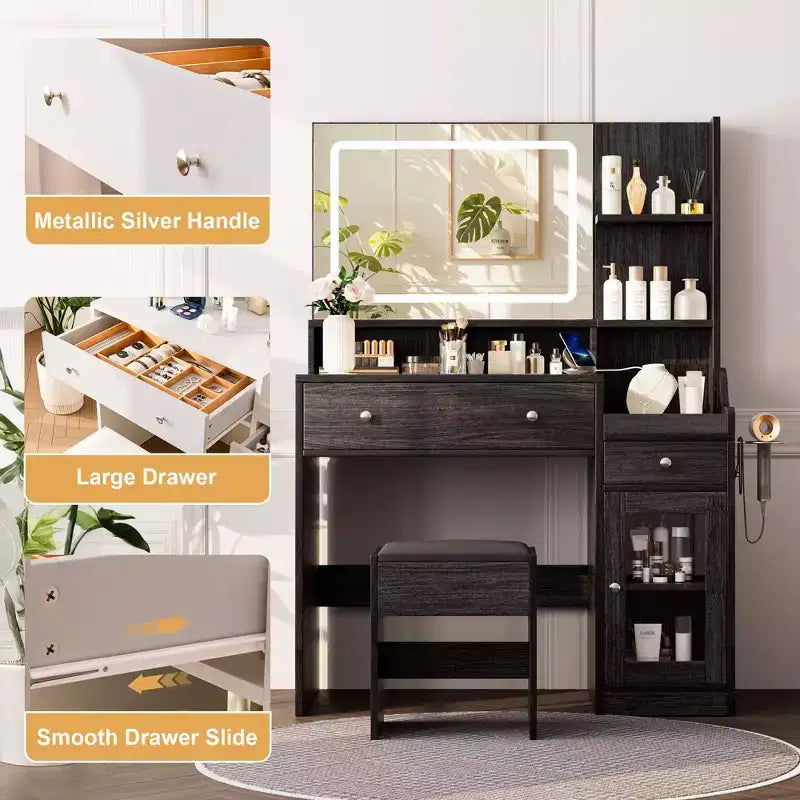 HYLEORY Toeletta con Specchio, Presa di Corrente, Porta Asciugacapelli, Tavolo da Trucco con 2 Cassetti, 3 Modalità di Colore Disponibili per la Camera da Letto