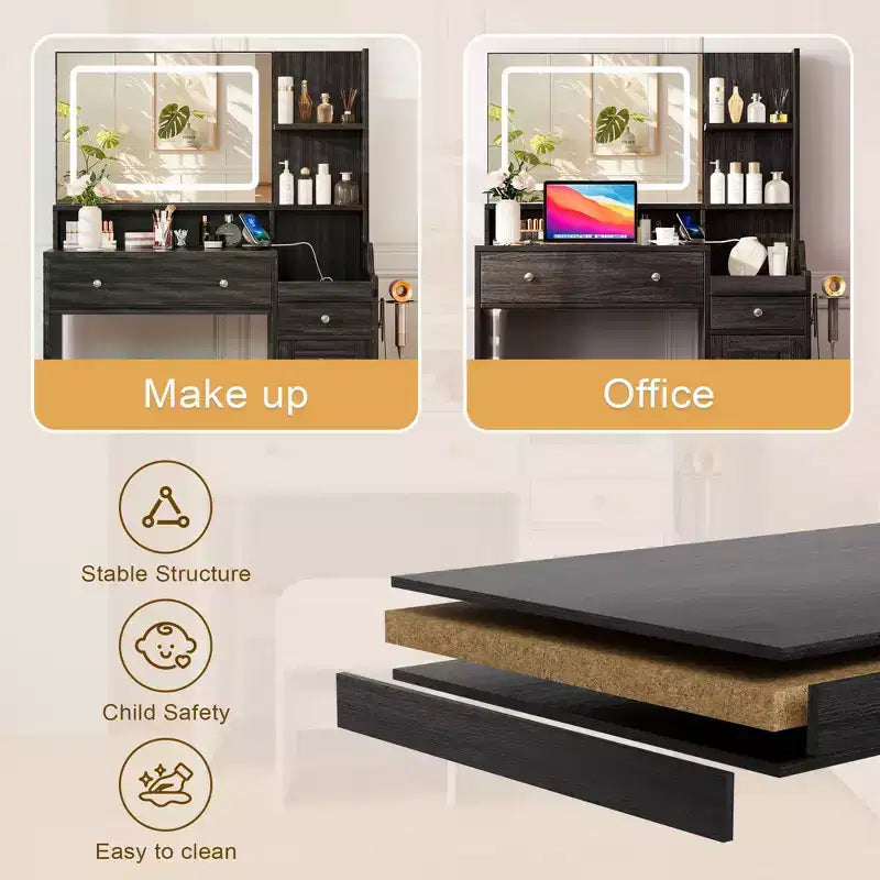 HYLEORY Toeletta con Specchio, Presa di Corrente, Porta Asciugacapelli, Tavolo da Trucco con 2 Cassetti, 3 Modalità di Colore Disponibili per la Camera da Letto