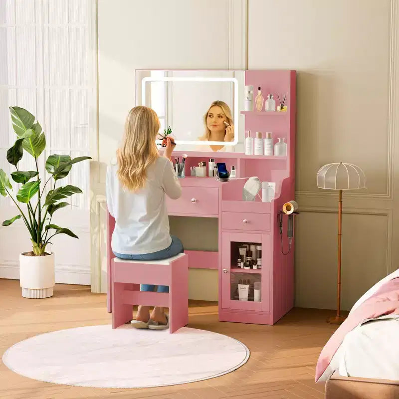 HYLEORY Toeletta con Specchio, Presa di Corrente, Porta Asciugacapelli, Tavolo da Trucco con 2 Cassetti, 3 Modalità di Colore Disponibili per la Camera da Letto