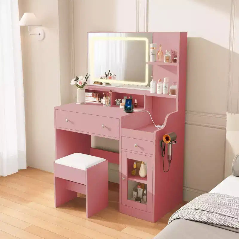 HYLEORY Toeletta con Specchio, Presa di Corrente, Porta Asciugacapelli, Tavolo da Trucco con 2 Cassetti, 3 Modalità di Colore Disponibili per la Camera da Letto