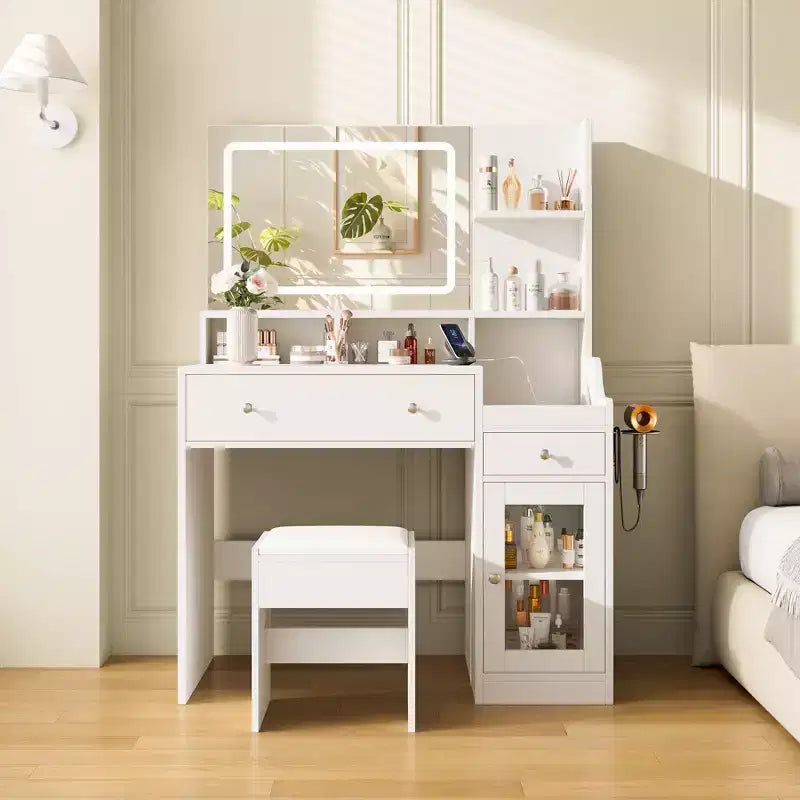 HYLEORY Toeletta con Specchio, Presa di Corrente, Porta Asciugacapelli, Tavolo da Trucco con 2 Cassetti, 3 Modalità di Colore Disponibili per la Camera da Letto