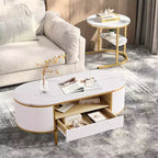 Tavolino da caffè moderno di lusso con scanalature, tavolino da caffè ovale da 120 cm con contenitore, piano in finto marmo, design a profilo curvo, gambe e maniglie in metallo dorato, bianco