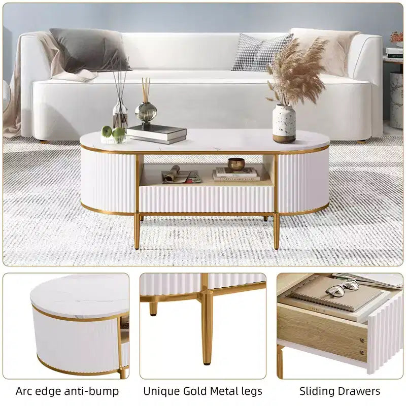 Tavolino da caffè moderno di lusso con scanalature, tavolino da caffè ovale da 120 cm con contenitore, piano in finto marmo, design a profilo curvo, gambe e maniglie in metallo dorato, bianco