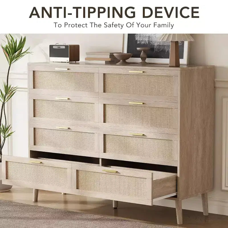Cassettiera a 8 cassetti, Cassettiera in rattan naturale per camera da letto, Comò in legno stile rustico con maniglie dorate per soggiorno, ingresso