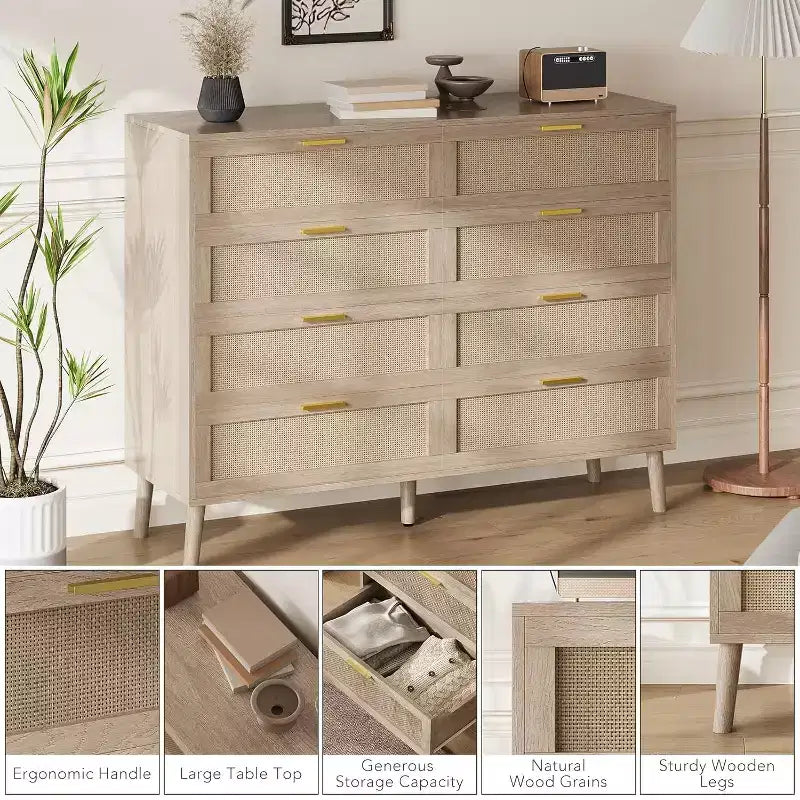 Cassettiera a 8 cassetti, Cassettiera in rattan naturale per camera da letto, Comò in legno stile rustico con maniglie dorate per soggiorno, ingresso