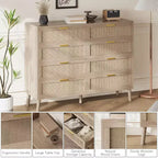 Cassettiera a 8 cassetti, Cassettiera in rattan naturale per camera da letto, Comò in legno stile rustico con maniglie dorate per soggiorno, ingresso