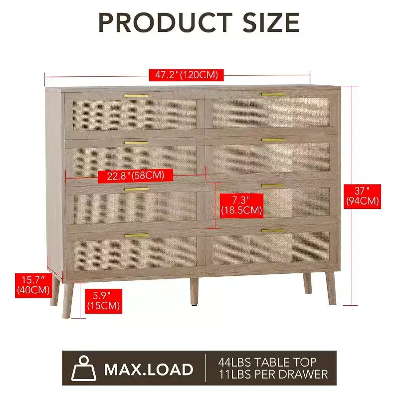 Cassettiera a 8 cassetti, Cassettiera in rattan naturale per camera da letto, Comò in legno stile rustico con maniglie dorate per soggiorno, ingresso