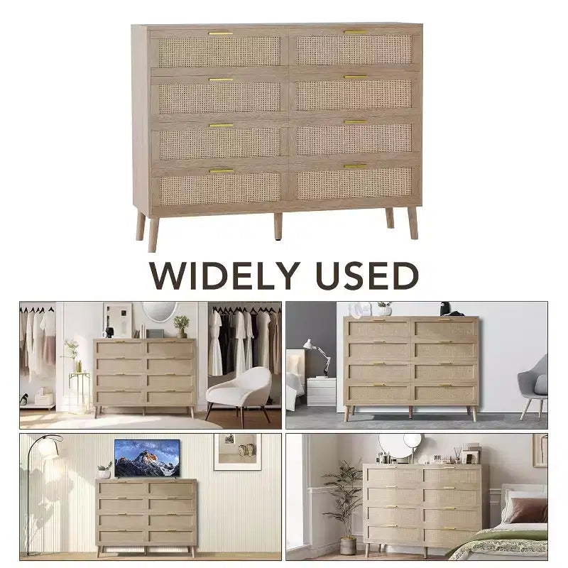 Cassettiera a 8 cassetti, Cassettiera in rattan naturale per camera da letto, Comò in legno stile rustico con maniglie dorate per soggiorno, ingresso