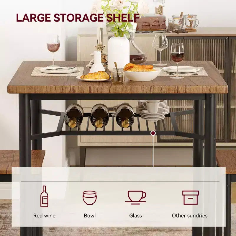Set da 3 pezzi con tavolo da pranzo doppio, tavolo e sedie da cucina con portabottiglie per piccoli spazi