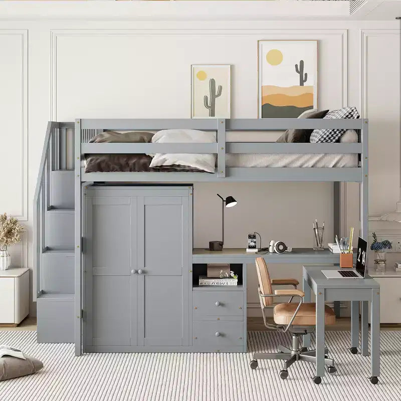 CLIHOME Letto a soppalco a una piazza e mezza con scale, libreria, cassetti, scrivania e armadio, mobile salvaspazio multifunzionale per bambini e ragazzi