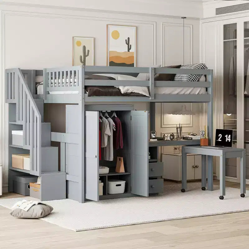 CLIHOME Letto a soppalco a una piazza e mezza con scale, libreria, cassetti, scrivania e armadio, mobile salvaspazio multifunzionale per bambini e ragazzi