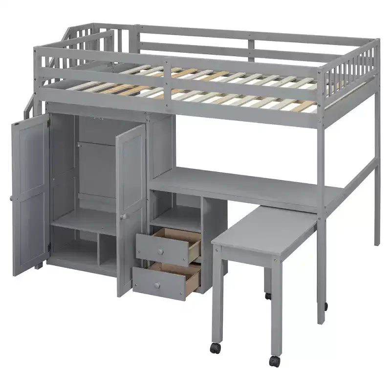 CLIHOME Letto a soppalco a una piazza e mezza con scale, libreria, cassetti, scrivania e armadio, mobile salvaspazio multifunzionale per bambini e ragazzi