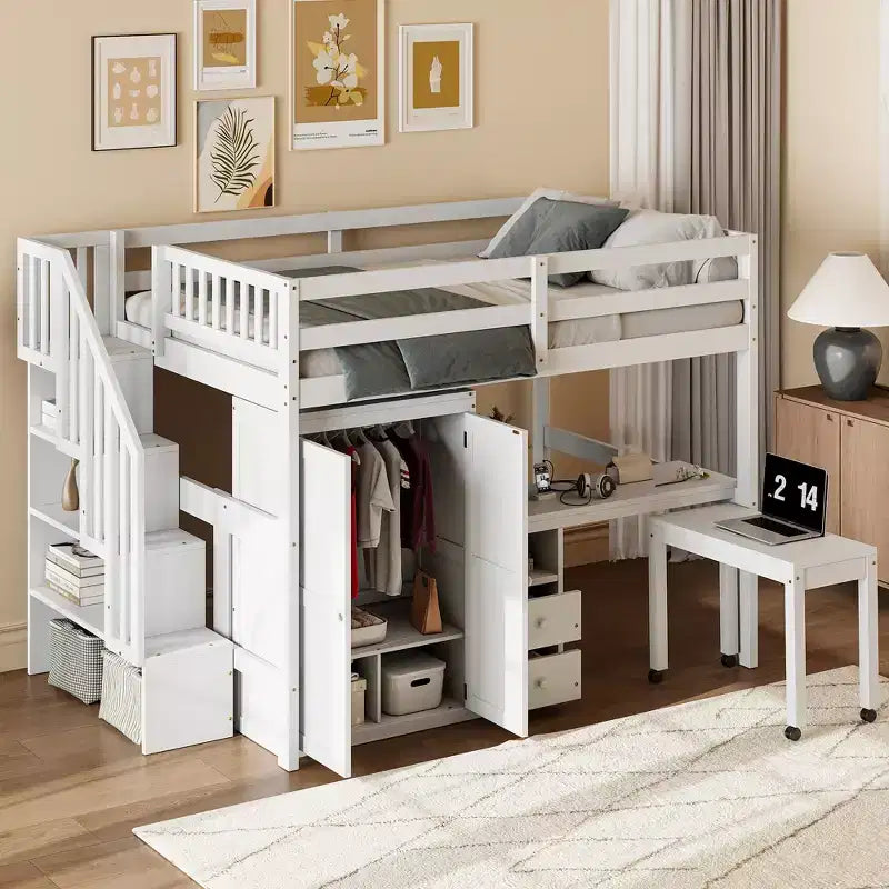 CLIHOME Letto a soppalco a una piazza e mezza con scale, libreria, cassetti, scrivania e armadio, mobile salvaspazio multifunzionale per bambini e ragazzi