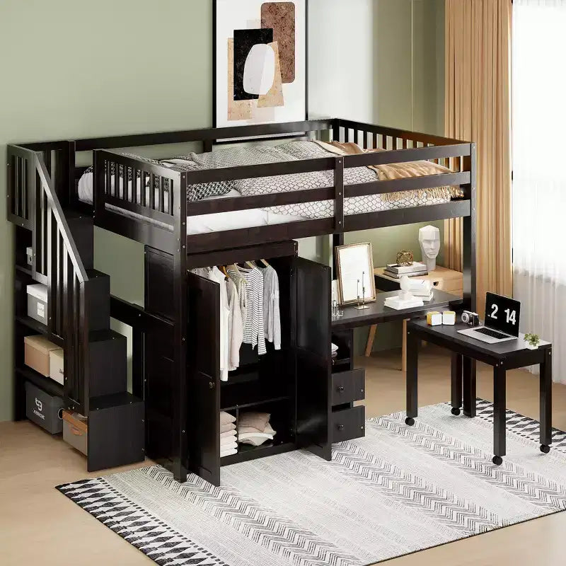 CLIHOME Letto a soppalco a una piazza e mezza con scale, libreria, cassetti, scrivania e armadio, mobile salvaspazio multifunzionale per bambini e ragazzi