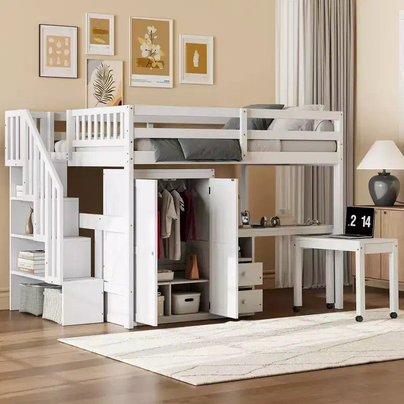 CLIHOME Letto a soppalco a una piazza e mezza con scale, libreria, cassetti, scrivania e armadio, mobile salvaspazio multifunzionale per bambini e ragazzi
