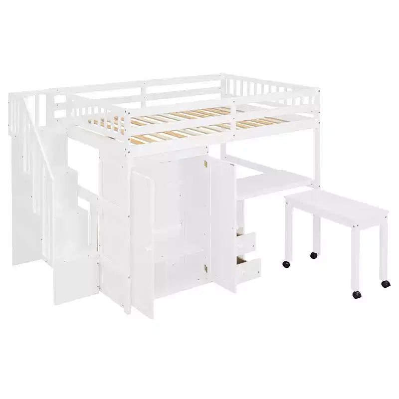 CLIHOME Letto a soppalco a una piazza e mezza con scale, libreria, cassetti, scrivania e armadio, mobile salvaspazio multifunzionale per bambini e ragazzi