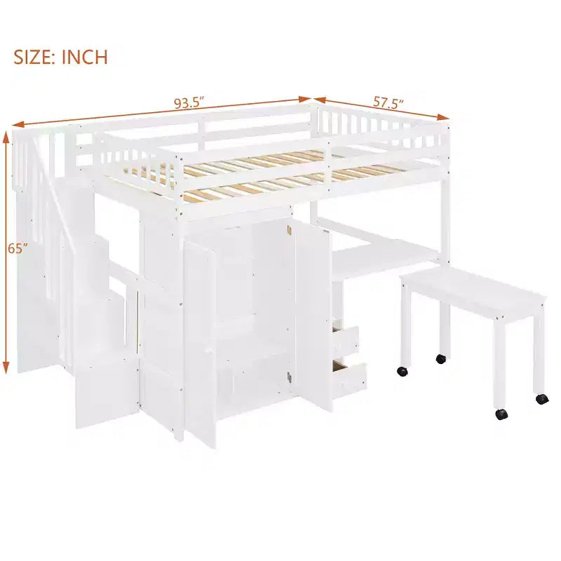 CLIHOME Letto a soppalco a una piazza e mezza con scale, libreria, cassetti, scrivania e armadio, mobile salvaspazio multifunzionale per bambini e ragazzi