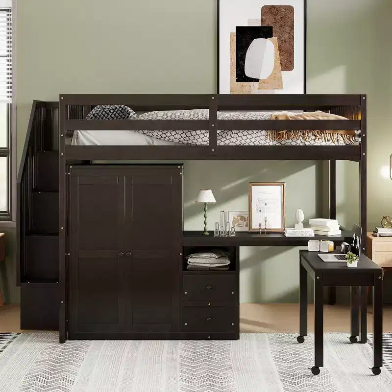CLIHOME Letto a soppalco a una piazza e mezza con scale, libreria, cassetti, scrivania e armadio, mobile salvaspazio multifunzionale per bambini e ragazzi