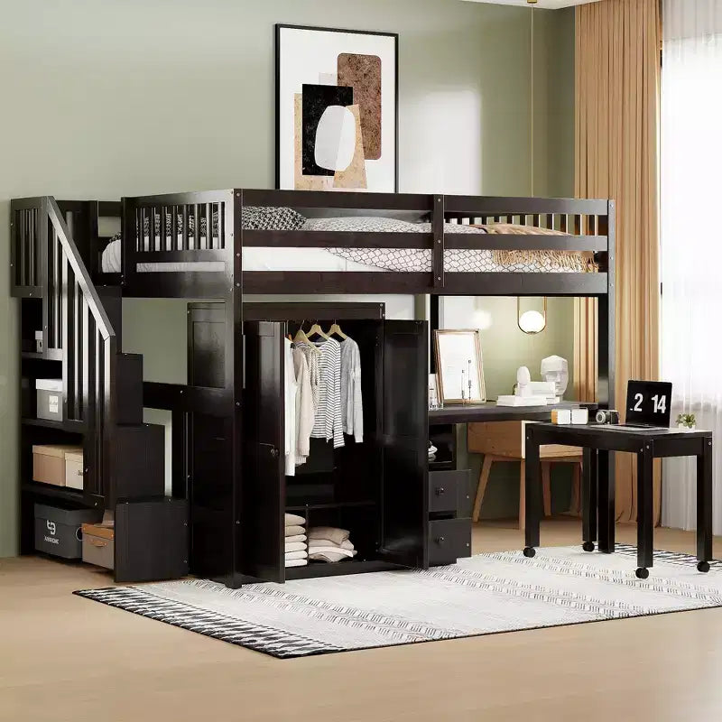 CLIHOME Letto a soppalco a una piazza e mezza con scale, libreria, cassetti, scrivania e armadio, mobile salvaspazio multifunzionale per bambini e ragazzi